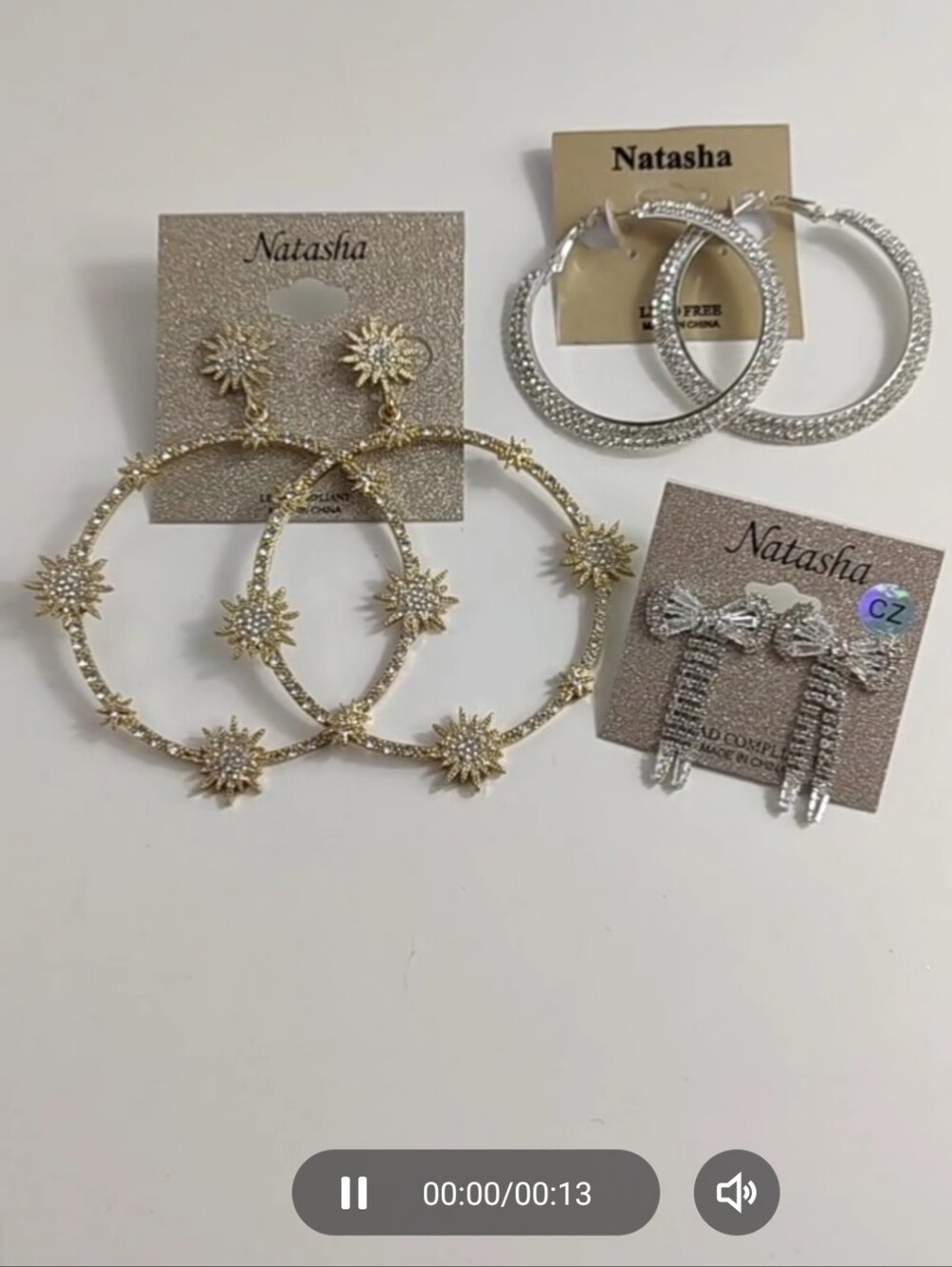 Natasha NWT 3 Pair Earrings Bundle CZ Bow Starburst Rhinestone Hoop - Picture 6 of 15